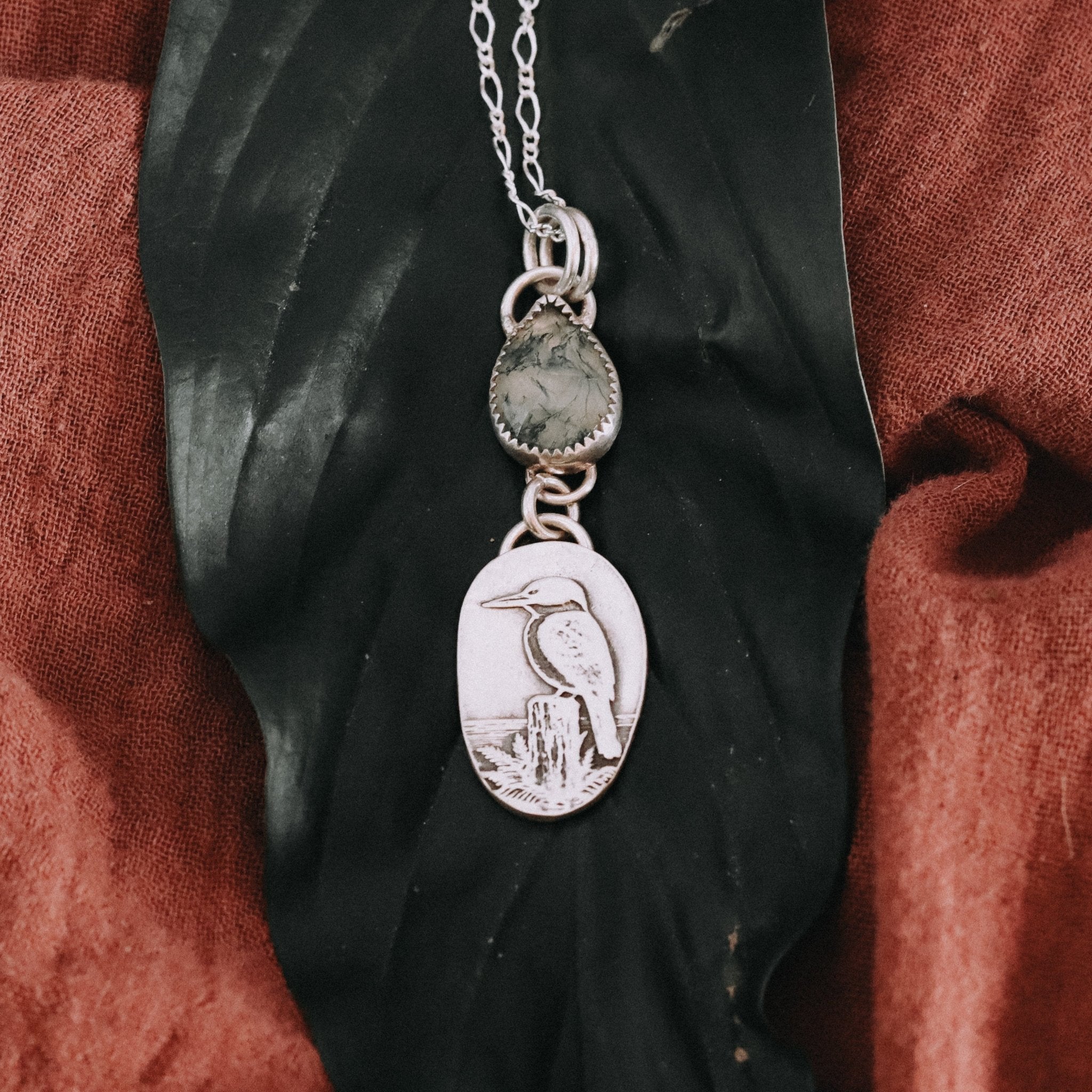 Kingfisher Moss Agate Necklace - Kowhai and Sage