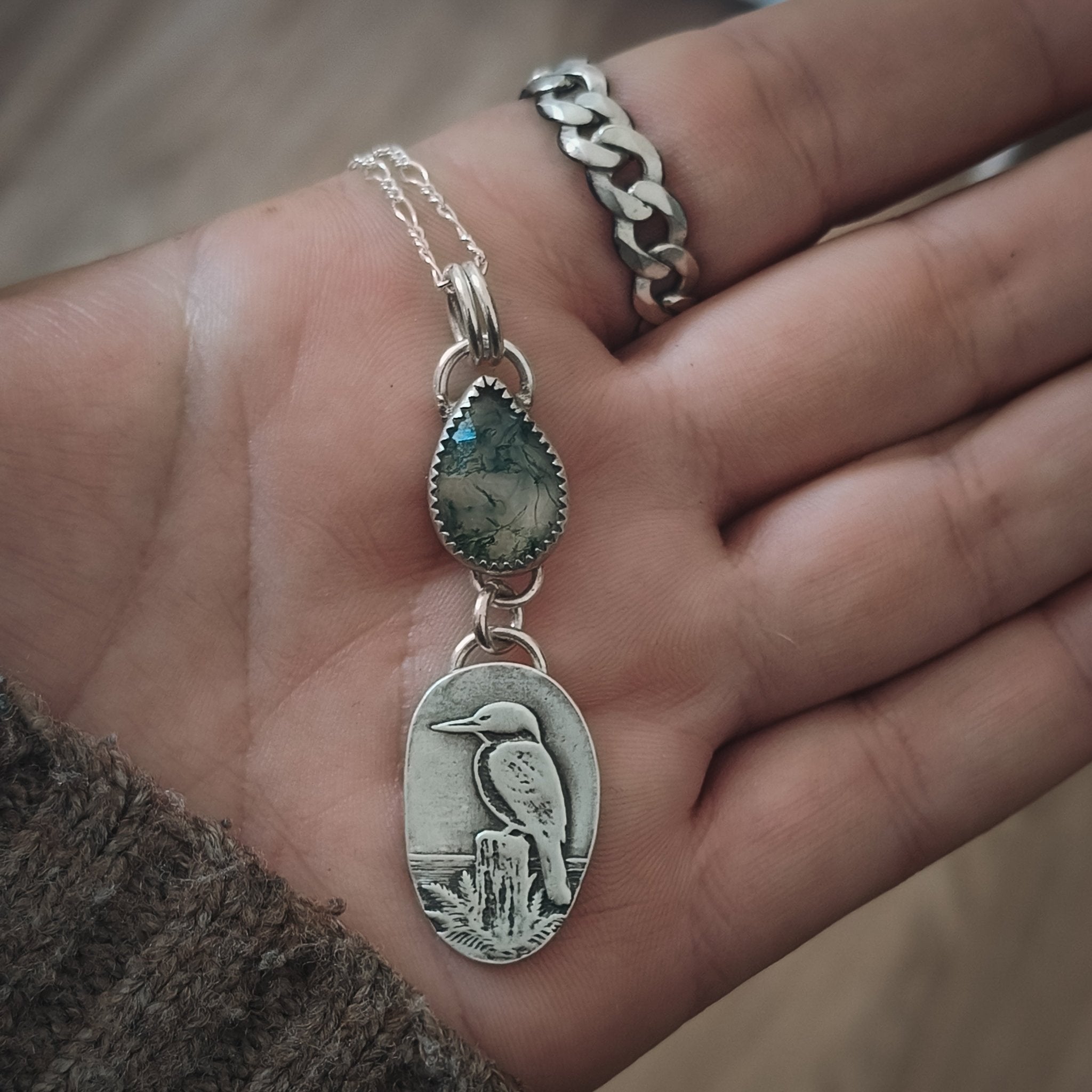 Kotare Kingfisher Moss Agate Necklace - Kowhai and Sage