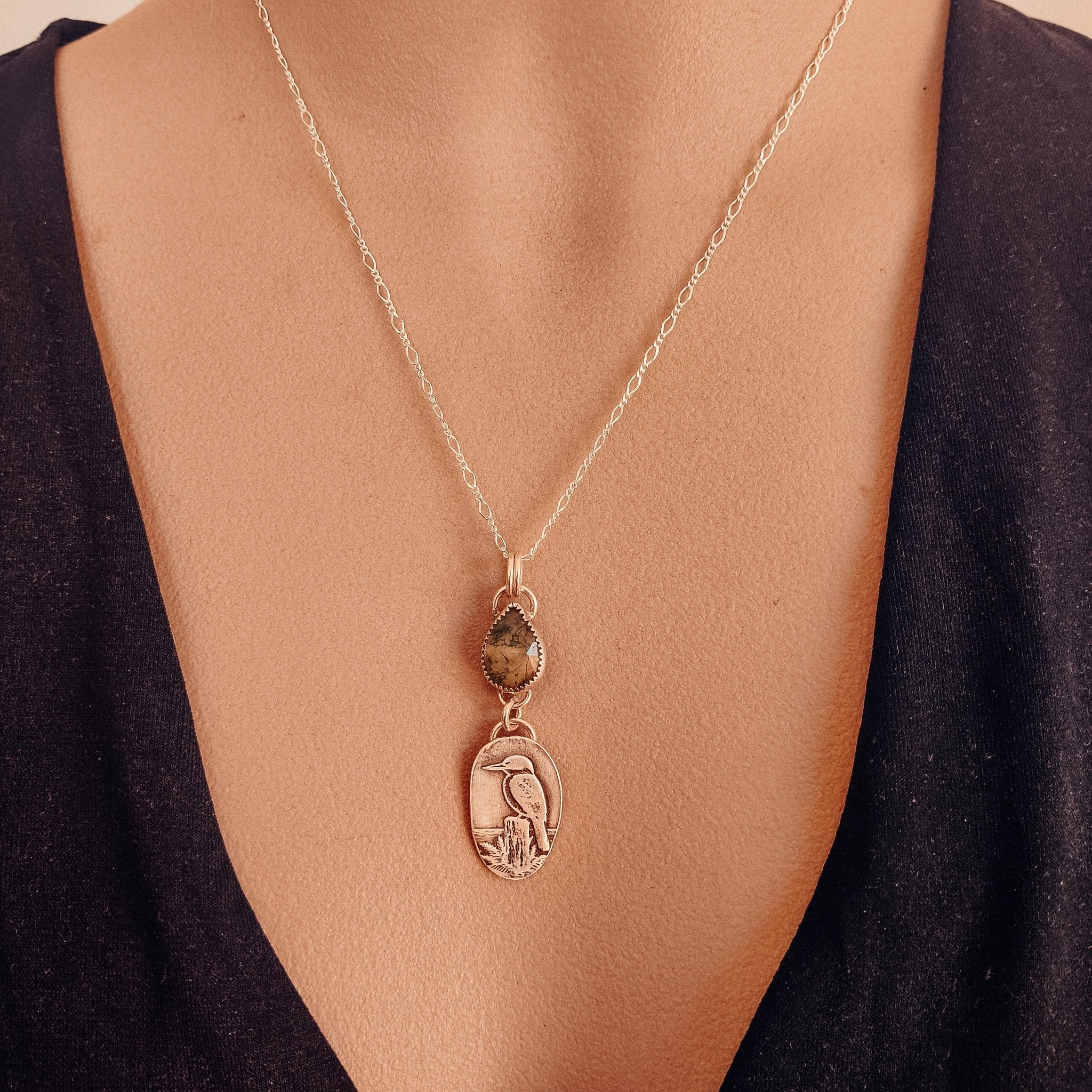 Kotare Kingfisher Moss Agate Necklace - Kowhai and Sage