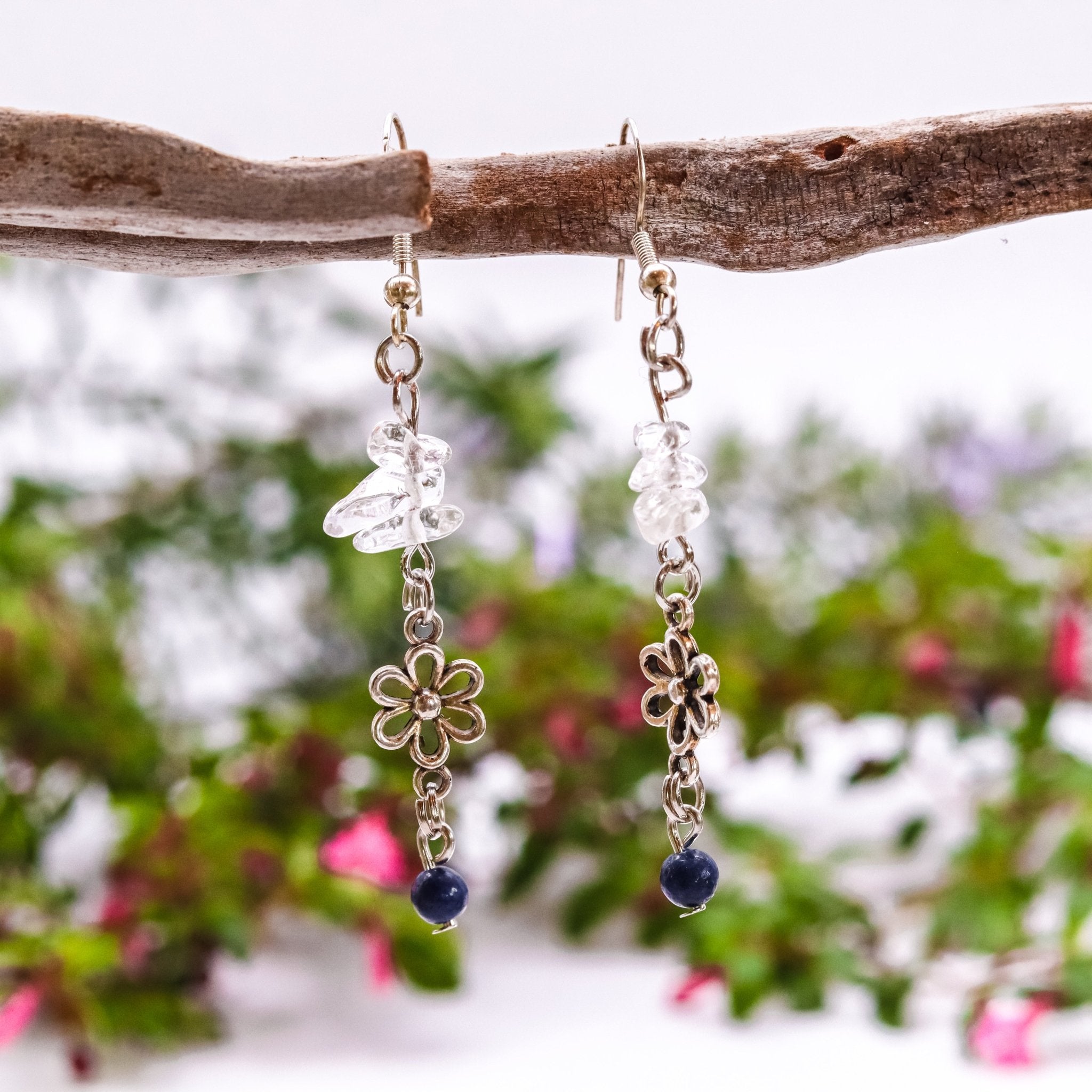 Lapis, Quartz and Flower Earrings - Kowhai and Sage