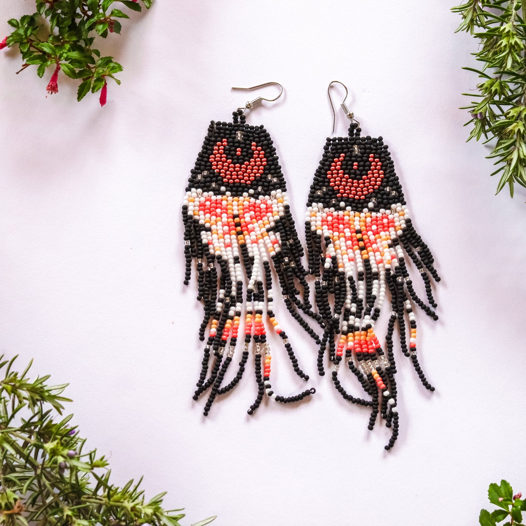 Luna Moth and Moon Beaded Earrings - Kowhai and Sage