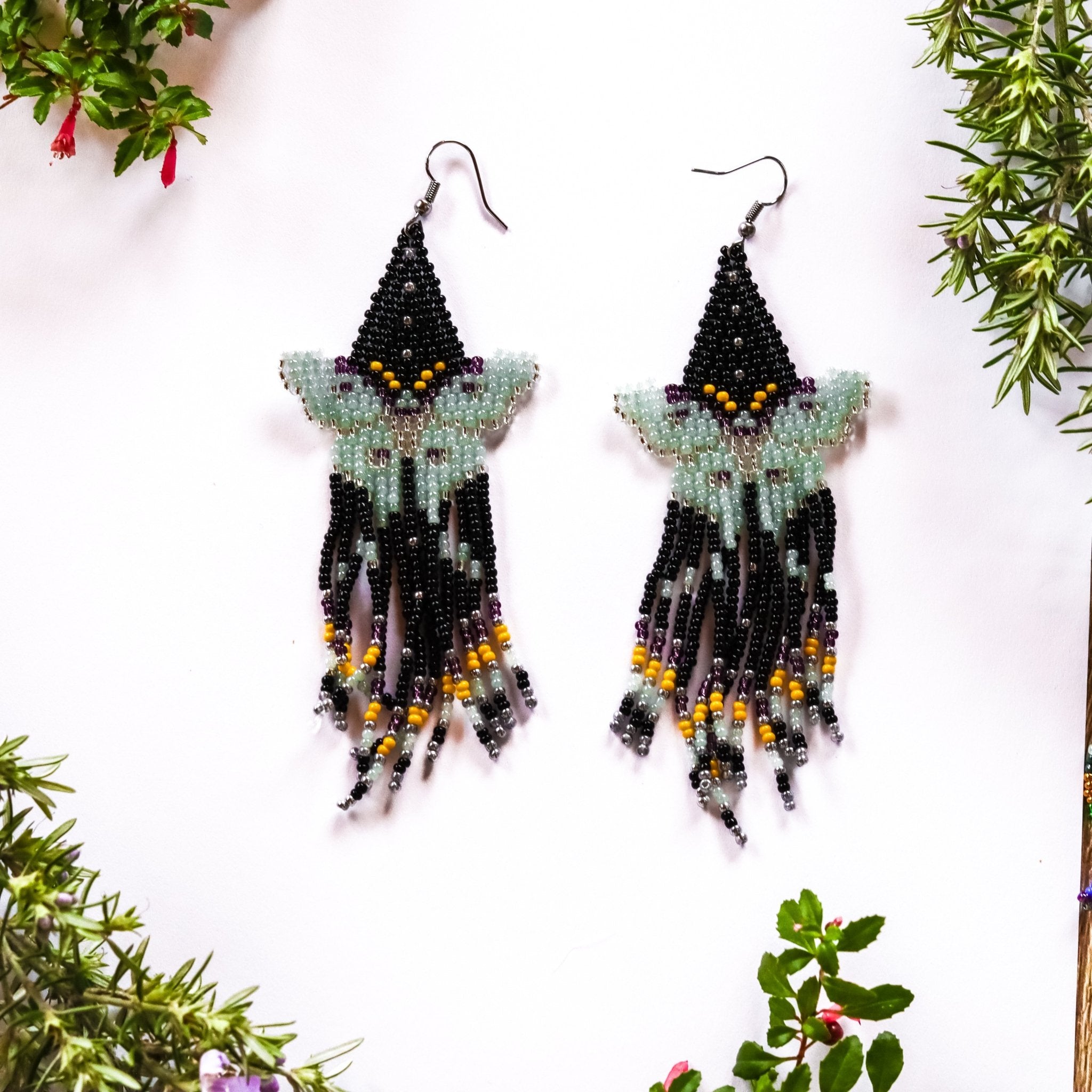 Luna Moth Beaded Earrings - Kowhai and Sage