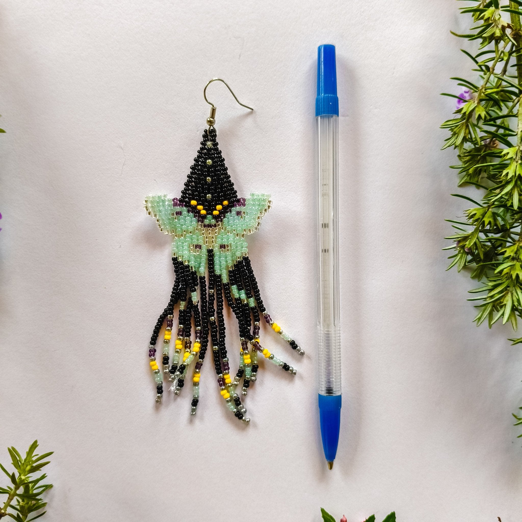 Luna Moth Beaded Earrings - Kowhai and Sage