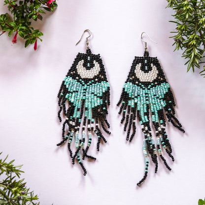 Luna Moth Moon Beaded Earrings - Kowhai and Sage