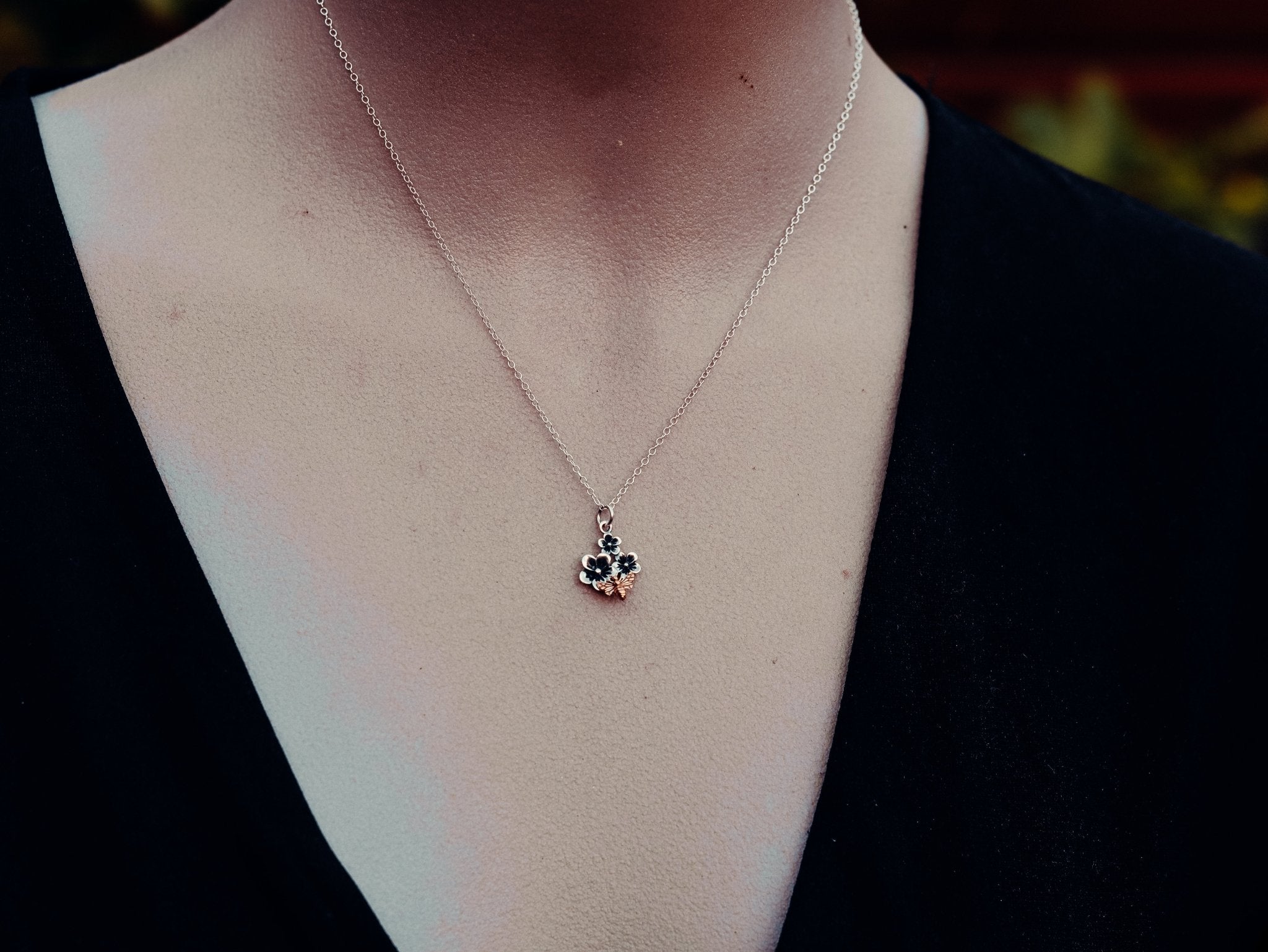 Manuka Blossoms and Bee Necklace - Kowhai and Sage