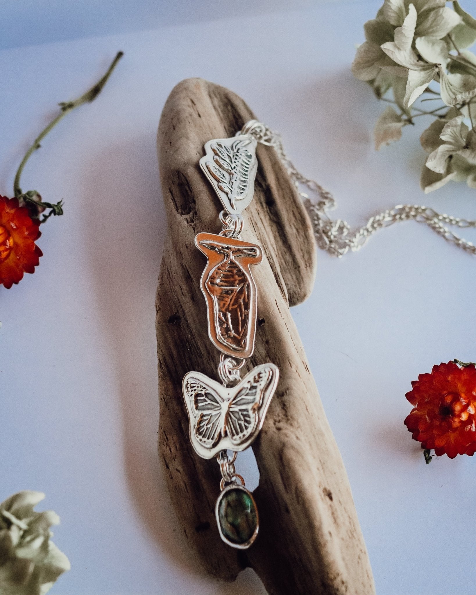 Metamorphosis Butterfly Paua Necklace - Kowhai and Sage