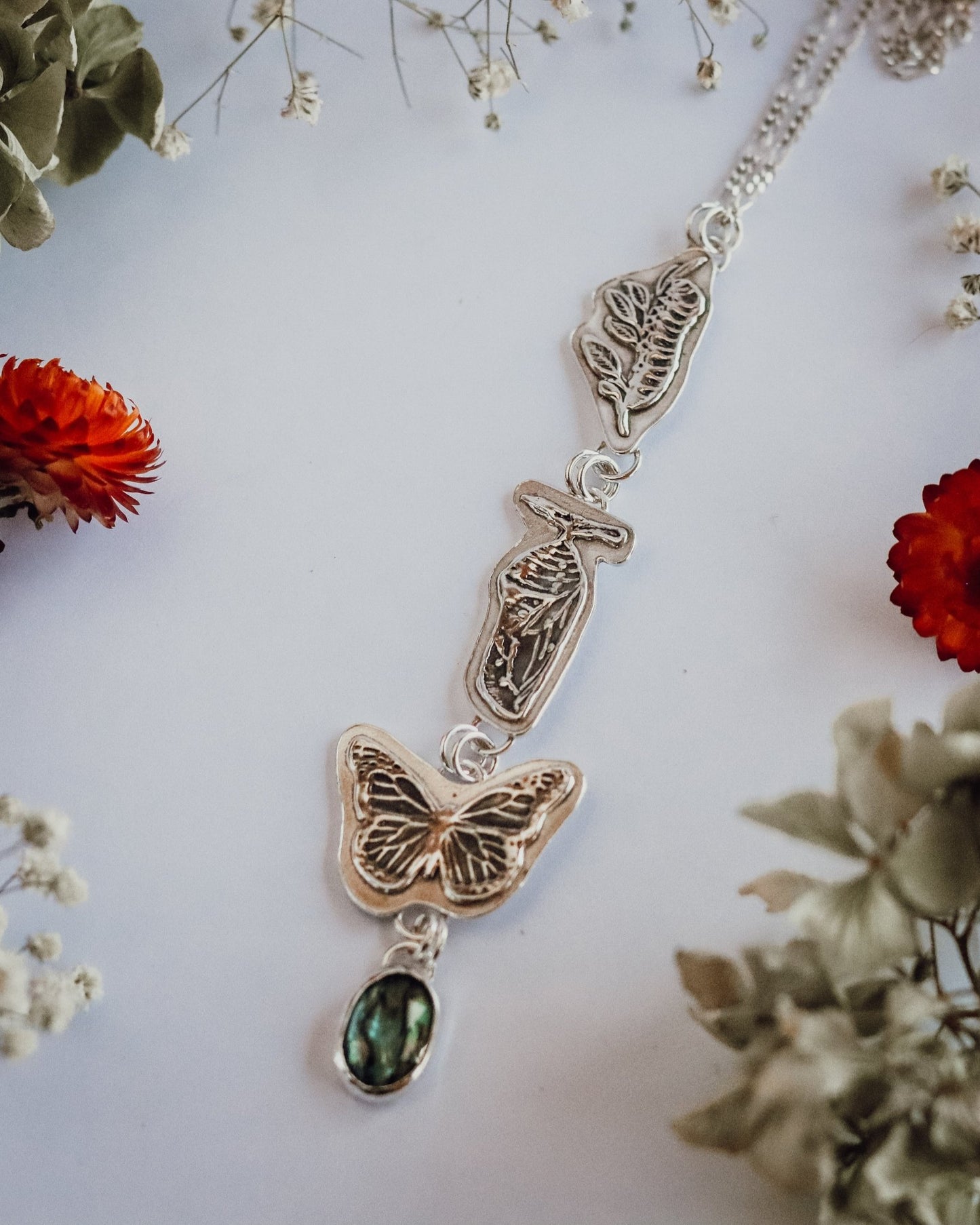 Metamorphosis Butterfly Paua Necklace - Kowhai and Sage