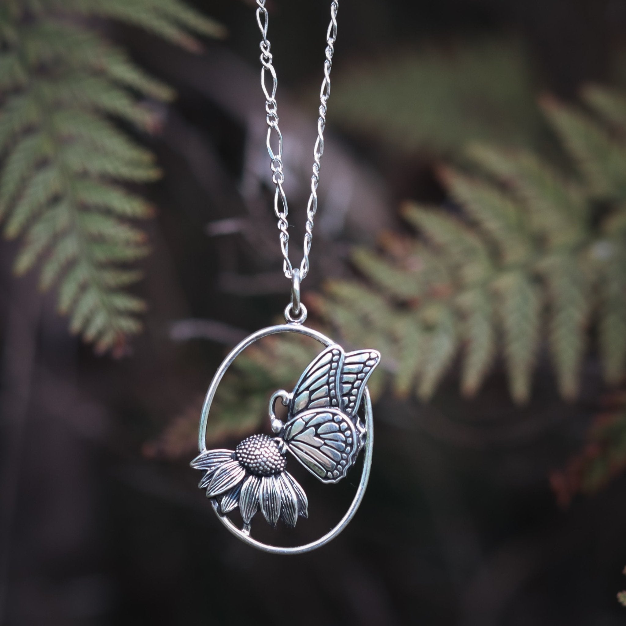 Monarch Butterfly on Flower Talisman Necklace - Kowhai and Sage