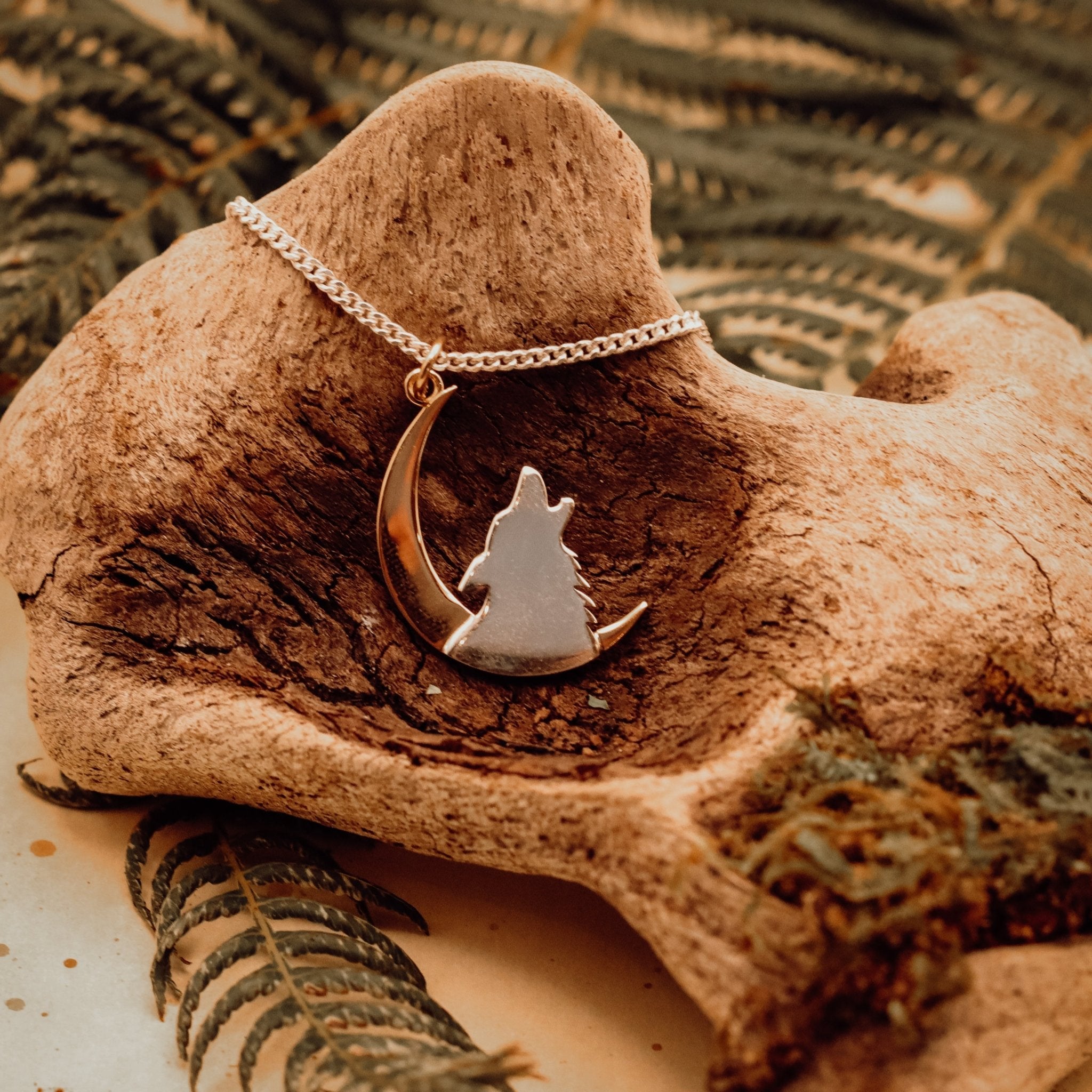 Moon and Howling Wolf Talisman Necklace - Kowhai and Sage