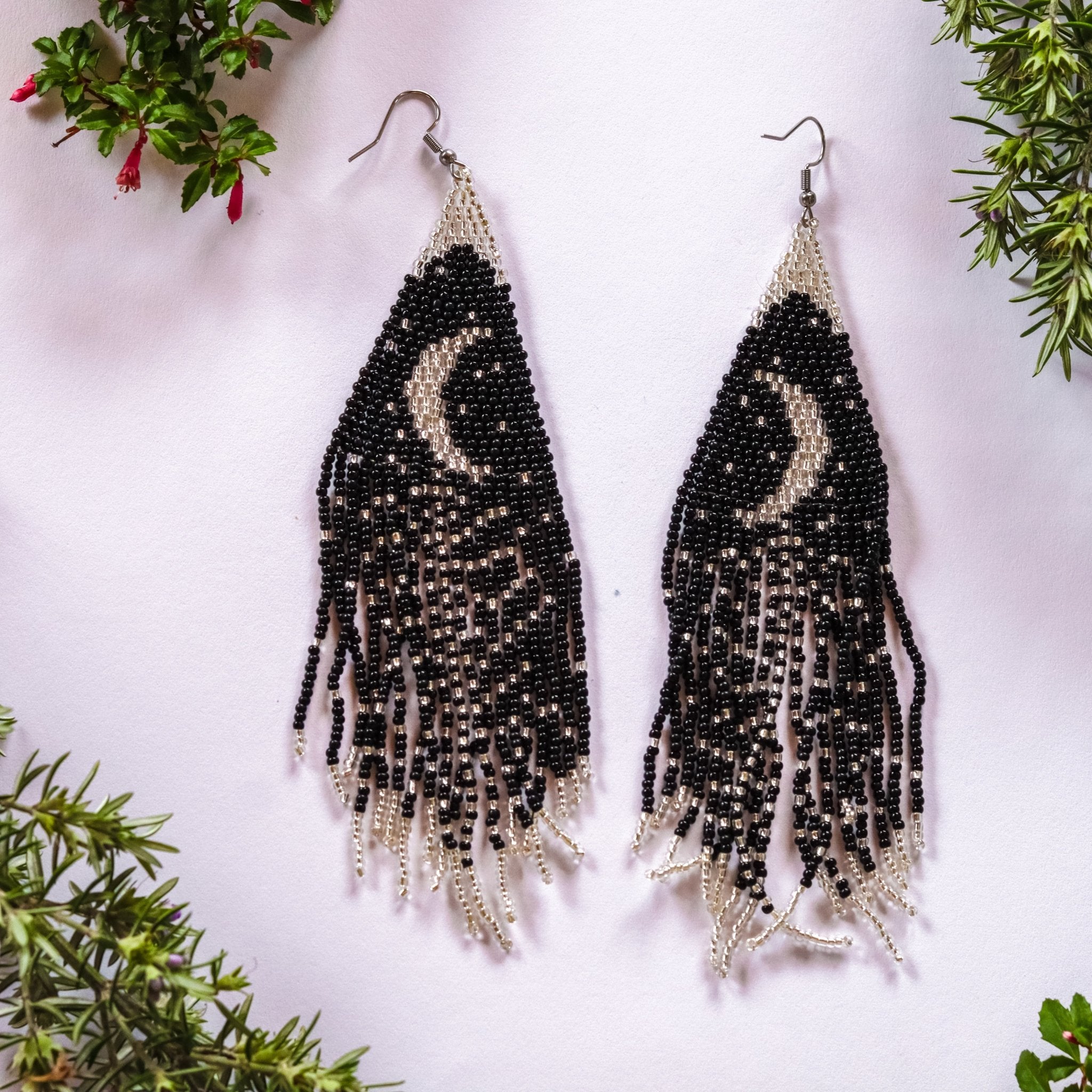 Moon and Star Beaded Tassel Earrings - Kowhai and Sage