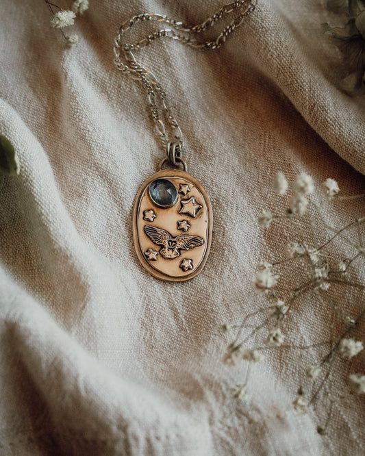 Once in a Blue Moon Owl Necklace - Kowhai and Sage