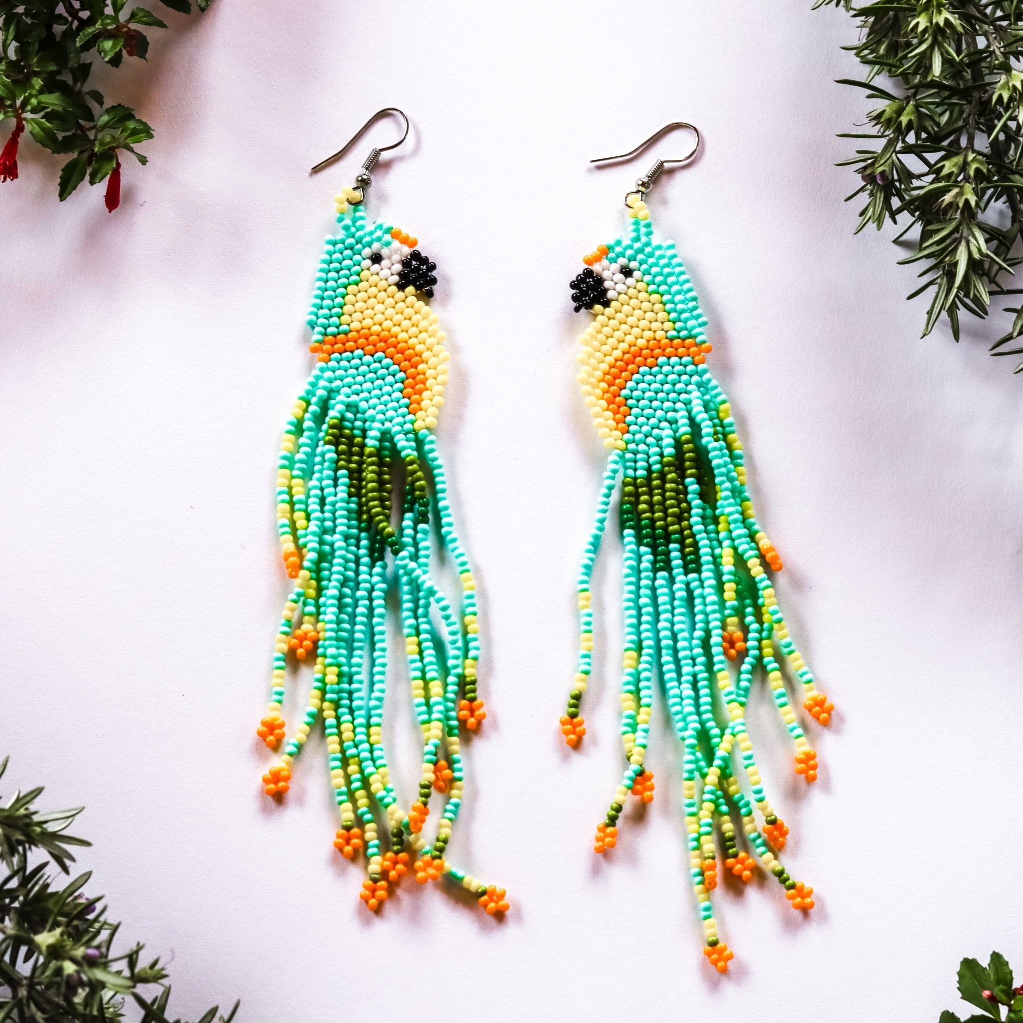 Parrot Beaded Earrings - Kowhai and Sage