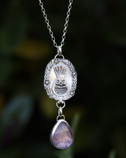 Piwakawaka Fantail Amethyst Necklace - Kowhai and Sage