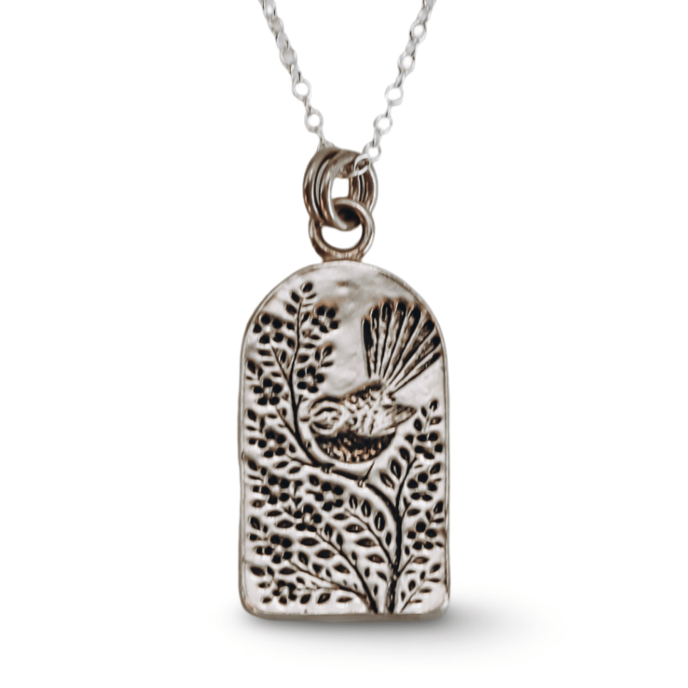 Piwakawaka Fantail Arch Necklace - Kowhai and Sage