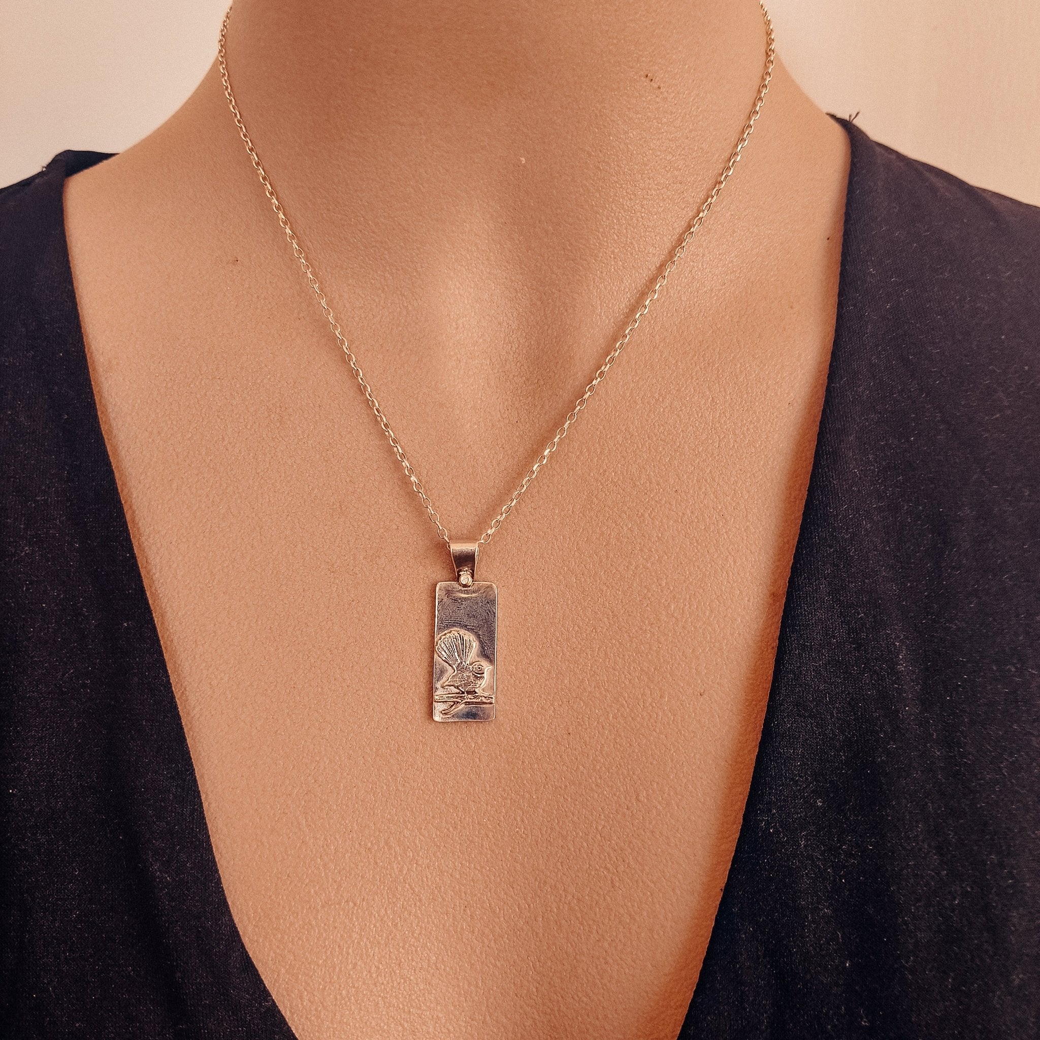 Piwakawaka Fantail Necklace - Kowhai and Sage