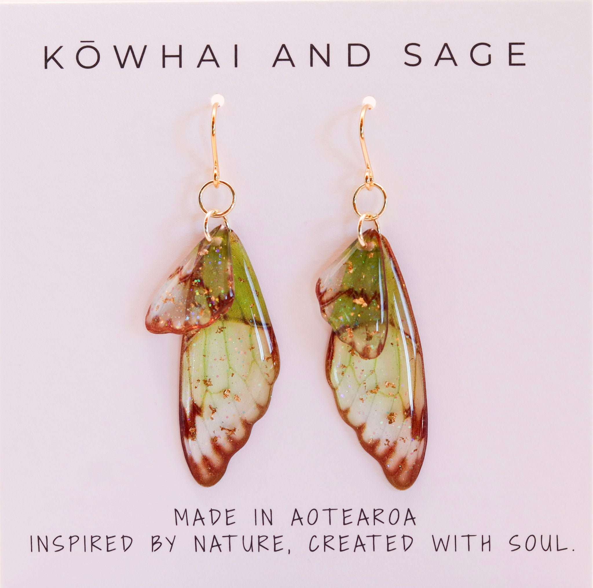 Puriri Moth Wing Earrings - Kowhai and Sage