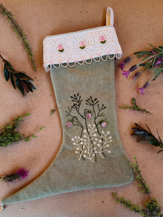 Sage Green Embroidered Pixie Toe Christmas Stocking - Kowhai and Sage