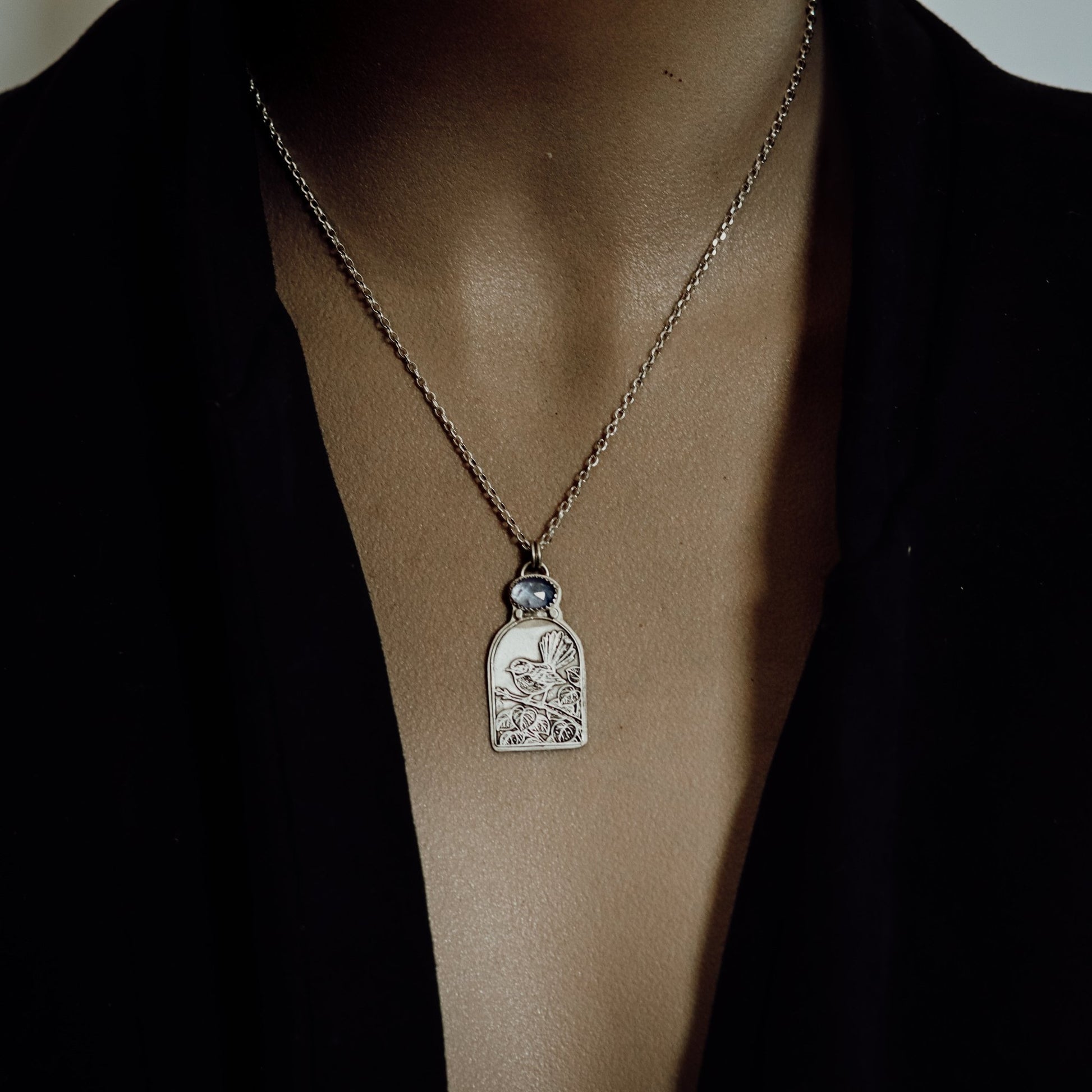 "She Flitted Through The Day With Joy" Piwakawaka Fantail Necklace - Kowhai and Sage
