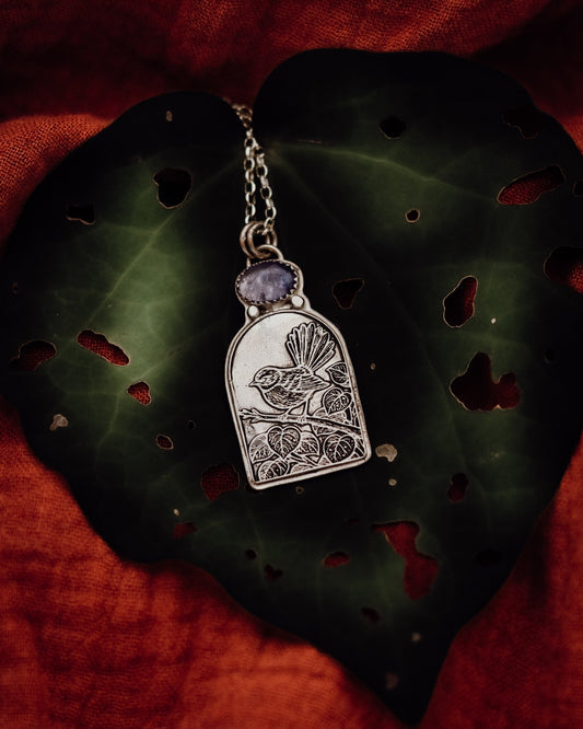 "She Flitted Through The Day With Joy" Piwakawaka Fantail Necklace - Kowhai and Sage
