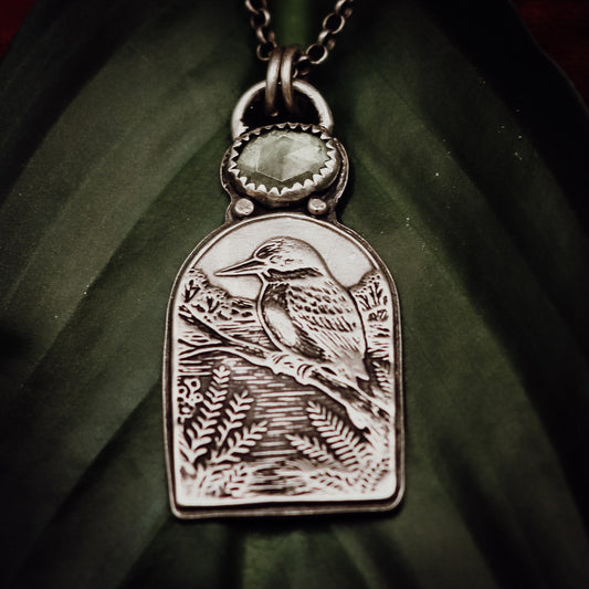 "She Followed Birdsong and Found Stillness" Kotare Kingfisher Necklace - Kowhai and Sage