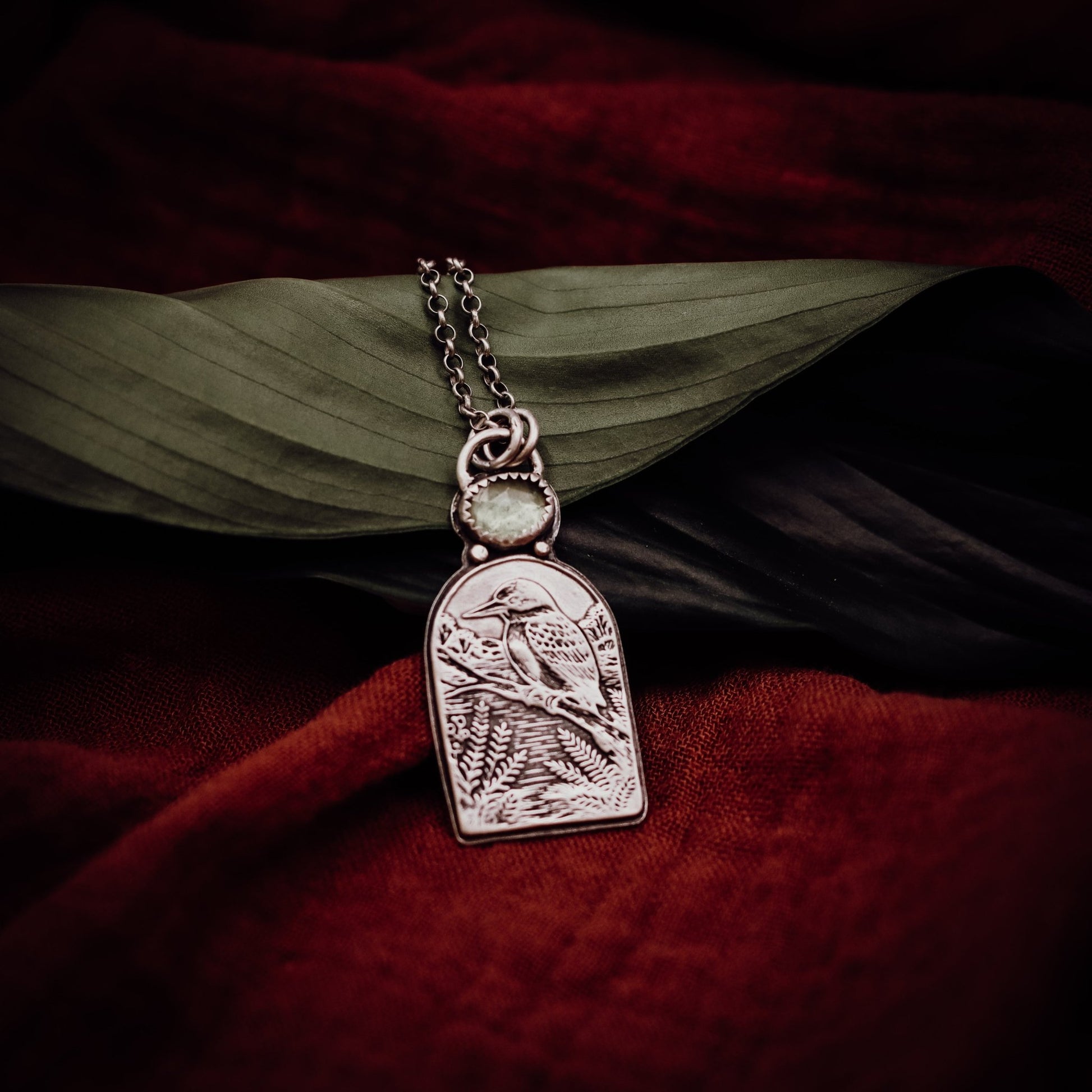 "She Followed Birdsong and Found Stillness" Kotare Kingfisher Necklace - Kowhai and Sage