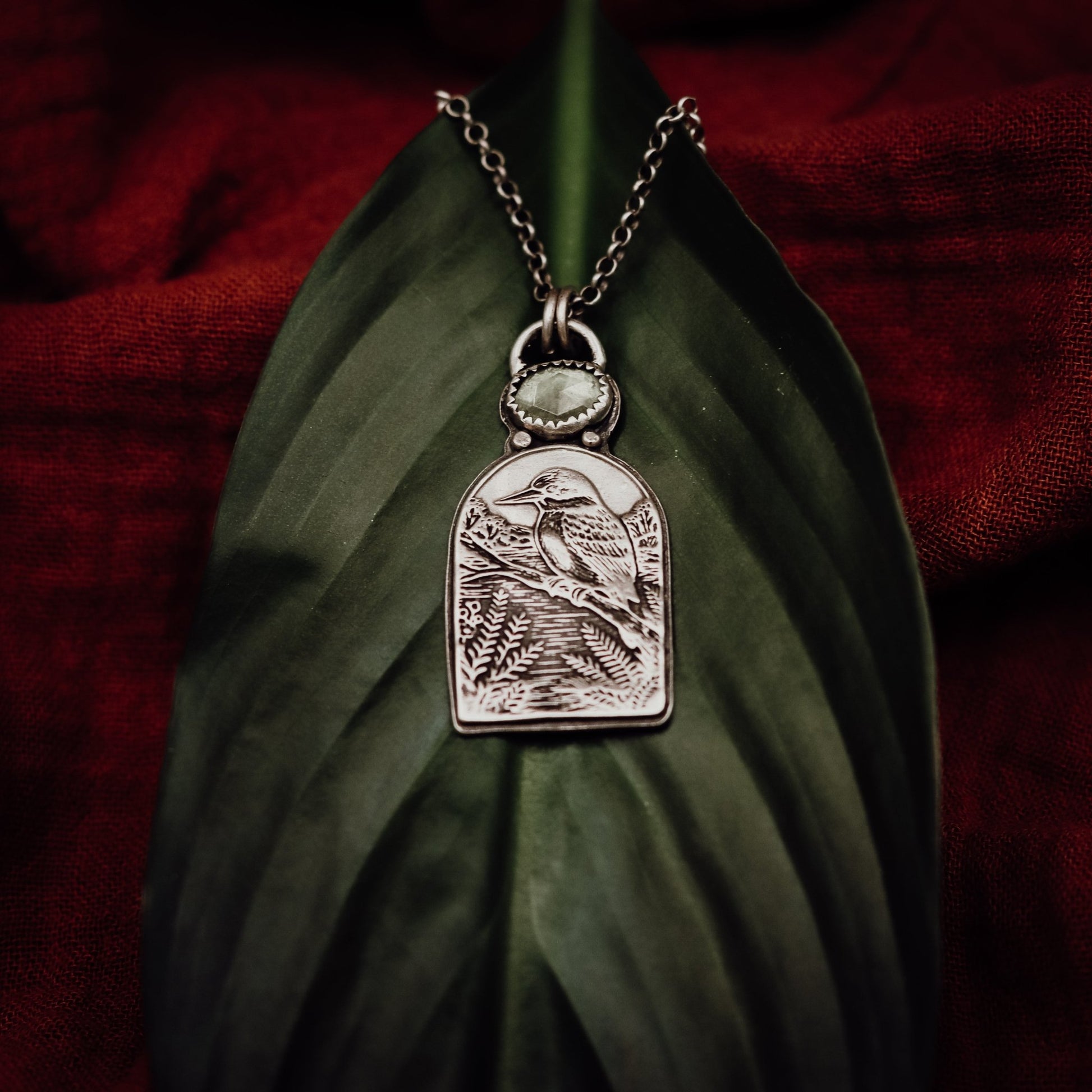 "She Followed Birdsong and Found Stillness" Kotare Kingfisher Necklace - Kowhai and Sage