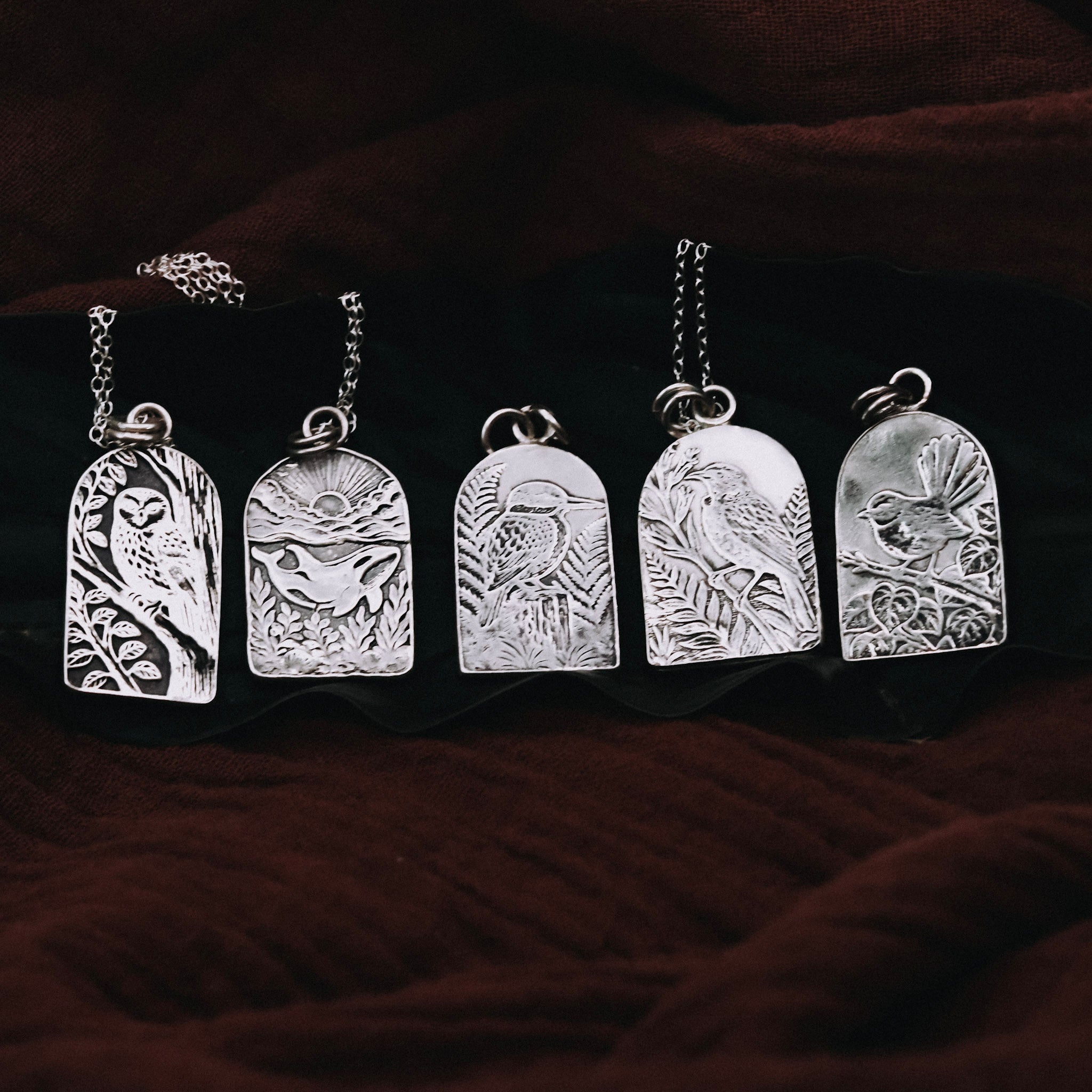 Silver Arch Pendants – Ruru, Tui, Kotare, Pīwakawaka & Orca - Kowhai and Sage
