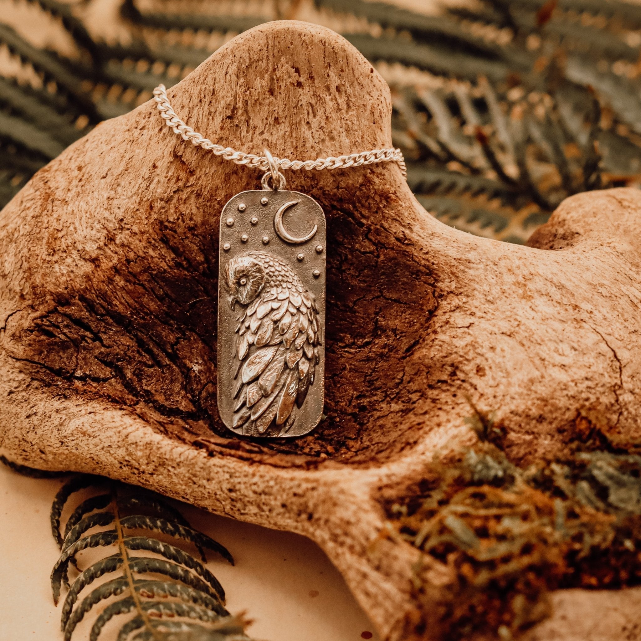 Silver Owl Talisman Necklace - Kowhai and Sage