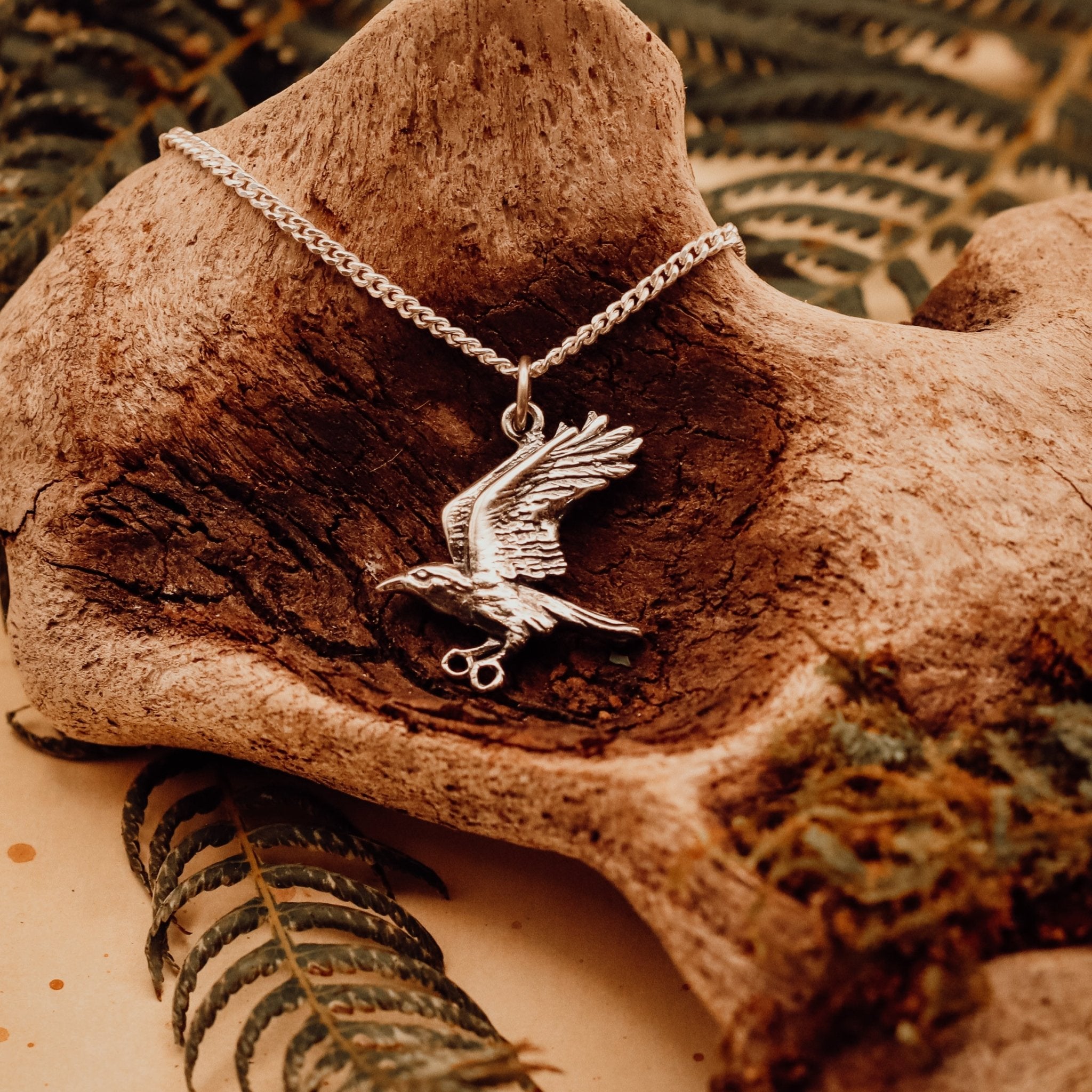 Silver Raven Talisman Necklace - Kowhai and Sage