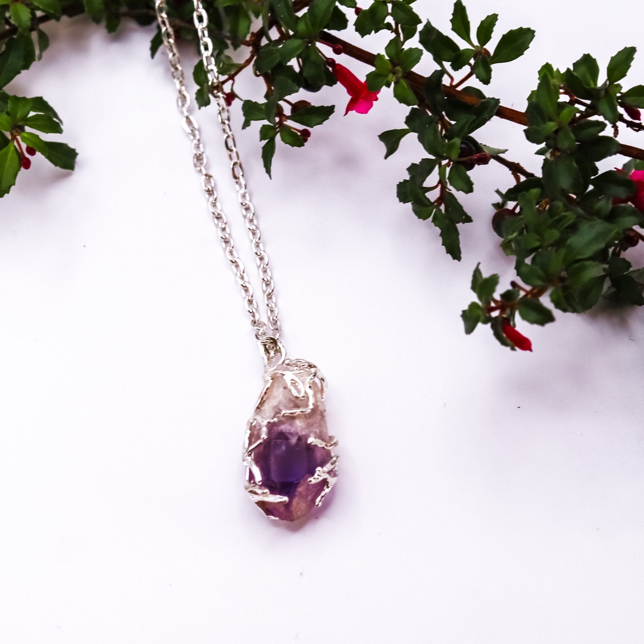 Silver Tree Branch Amethyst Necklace - Kowhai and Sage