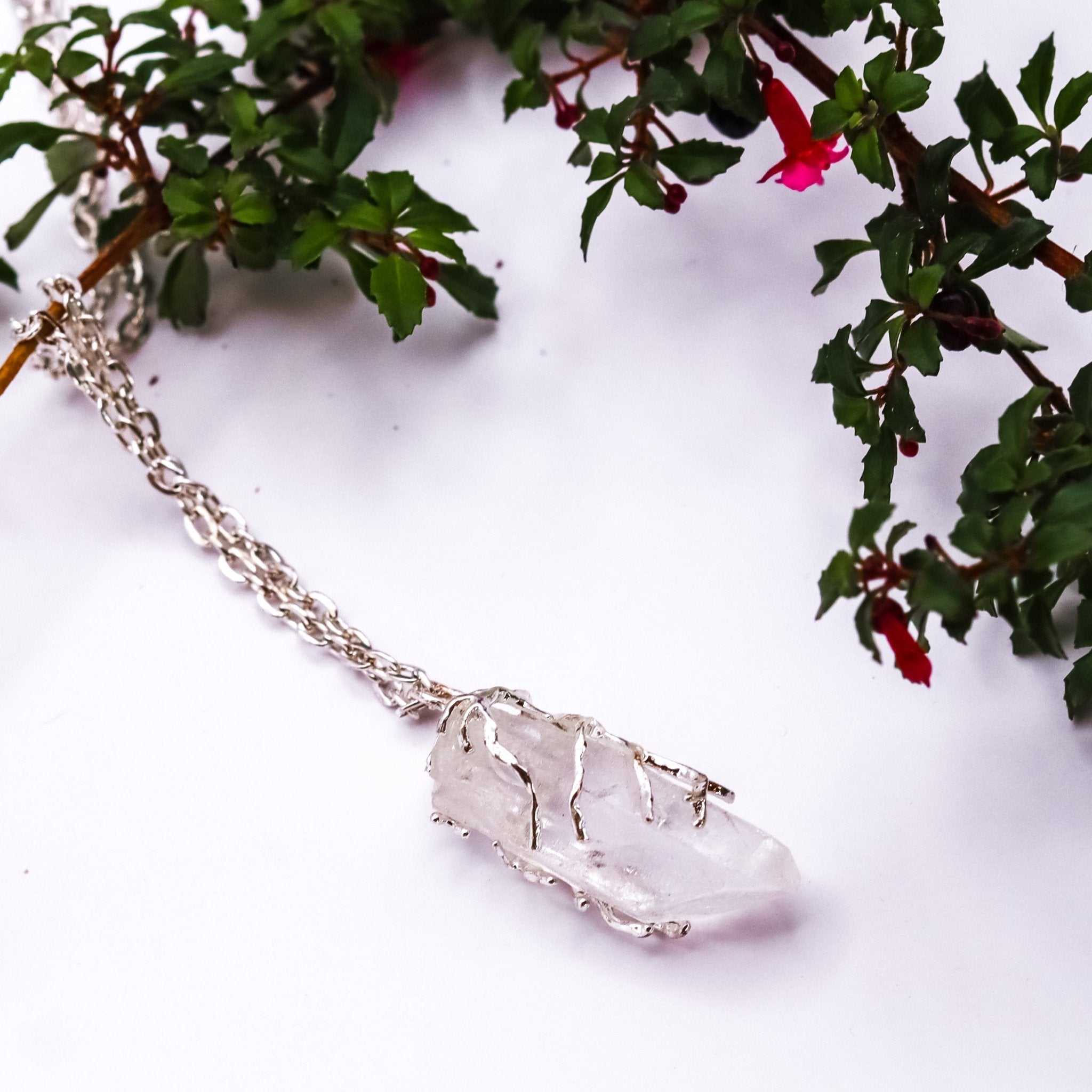 Silver Tree Branch Quartz Necklace - Kowhai and Sage