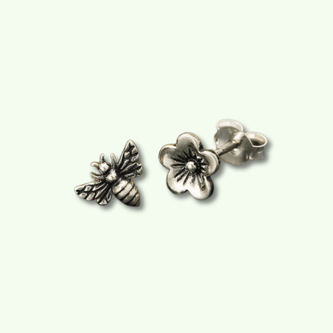 Sterling Silver Manuka Blossom & Bee Earrings - Kowhai and Sage