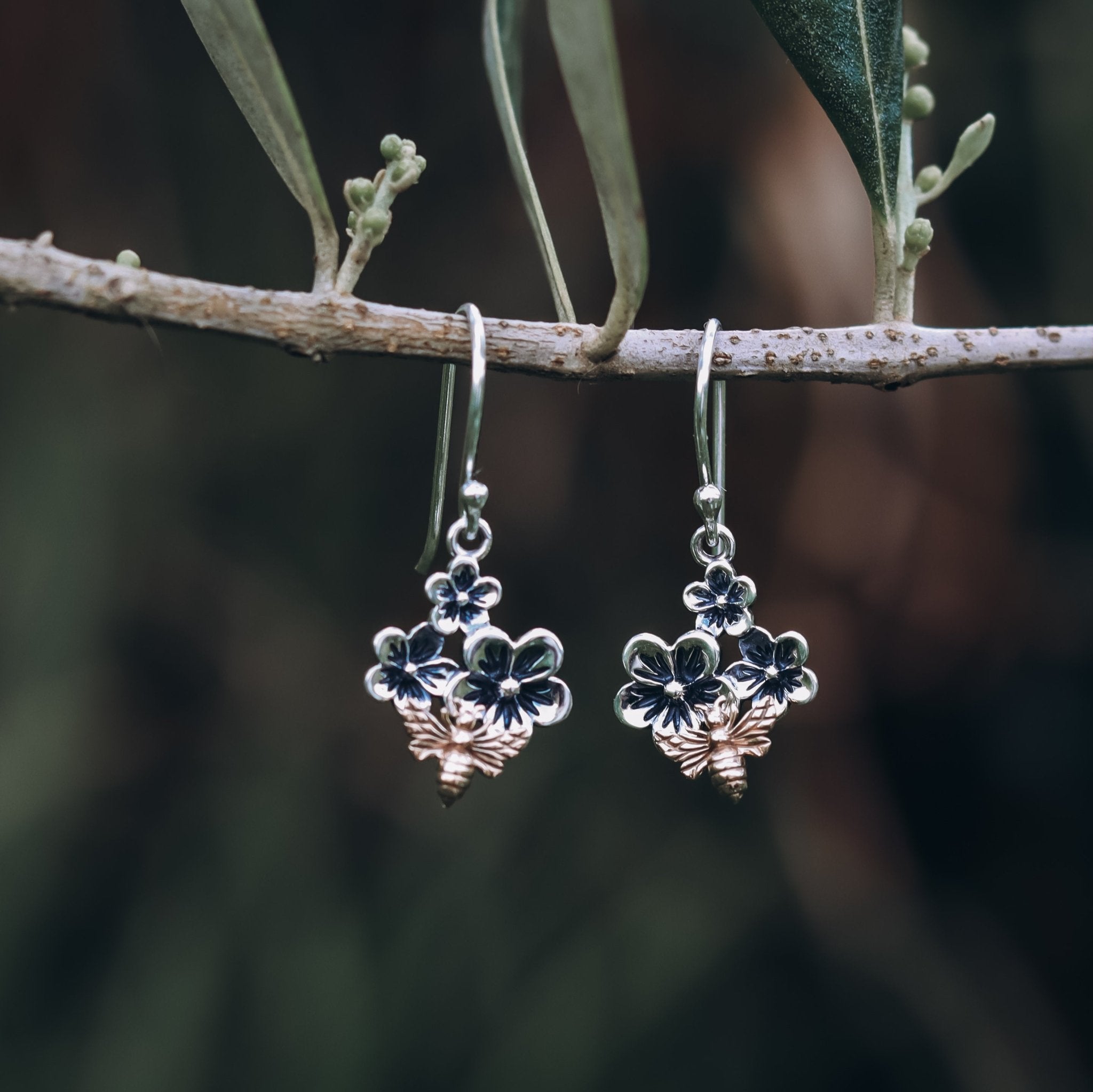 Sterling Silver Manuka Blossom & Bronze Bee Dangle Earrings - Kowhai and Sage