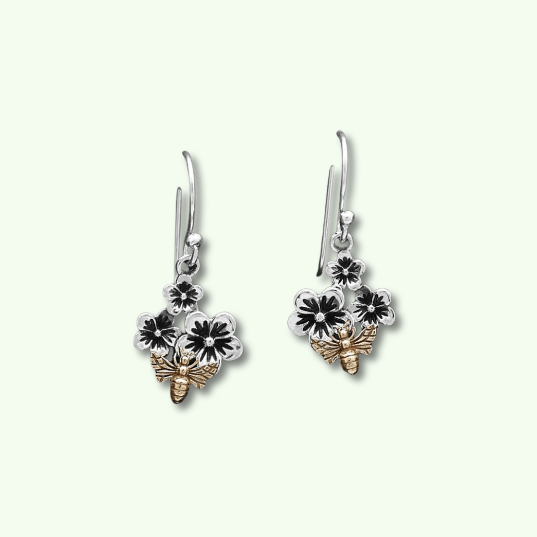 Sterling Silver Manuka Blossom & Bronze Bee Dangle Earrings - Kowhai and Sage