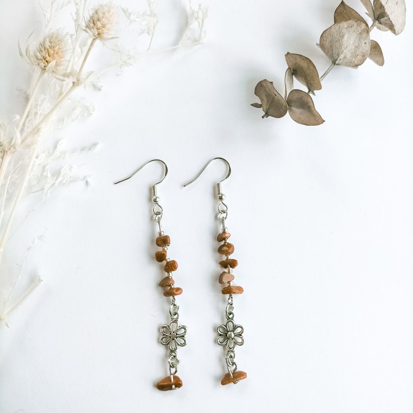 Sunstone and Flower Earrings - Kowhai and Sage