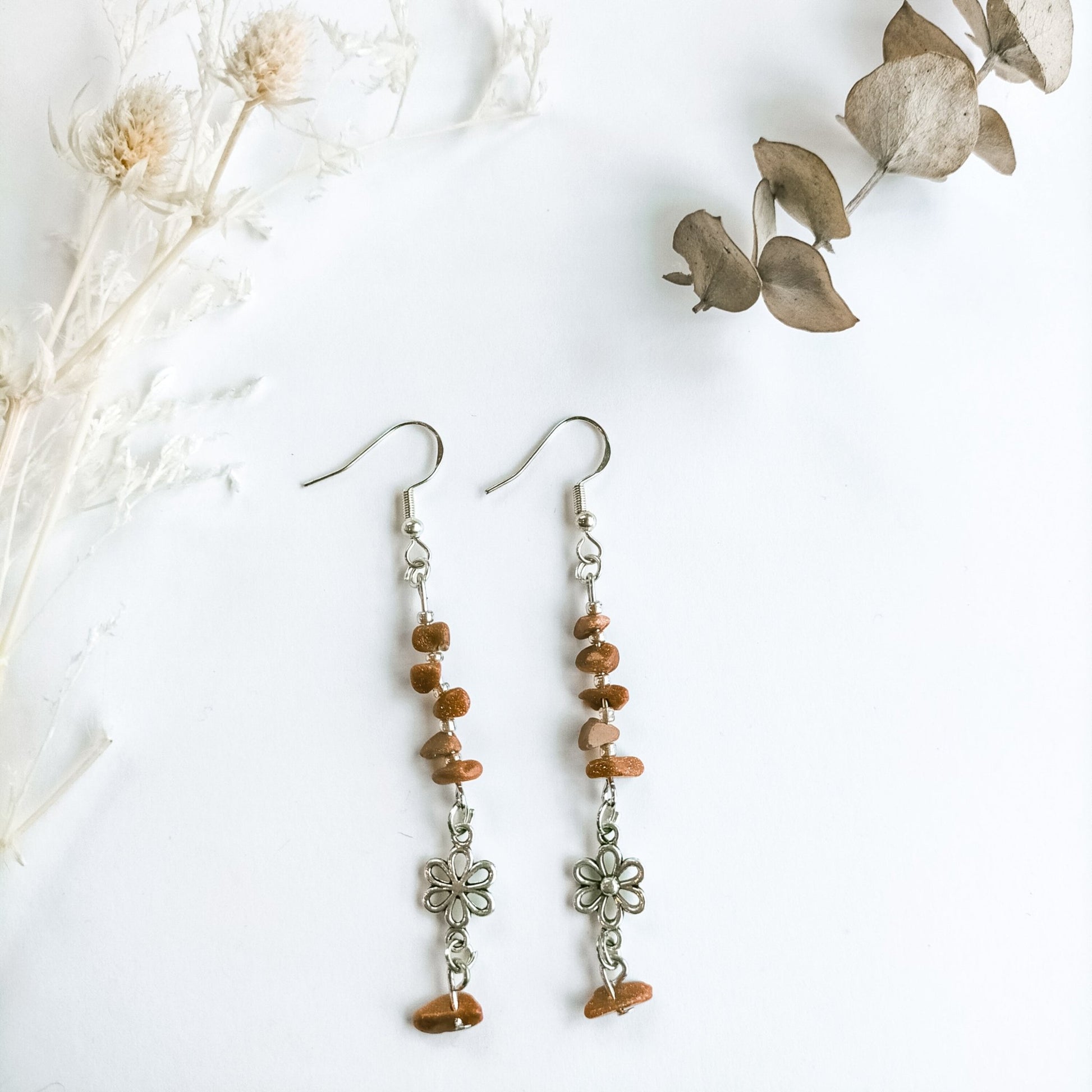 Sunstone and Flower Earrings - Kowhai and Sage