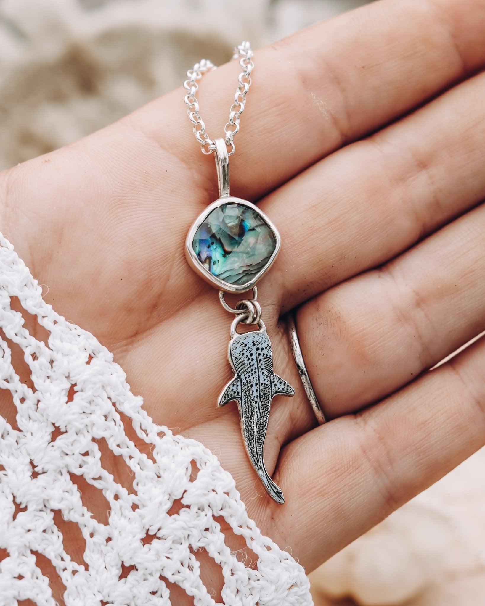 "The sea helps me get back to me" Paua Whale Shark Necklace - Kowhai and Sage