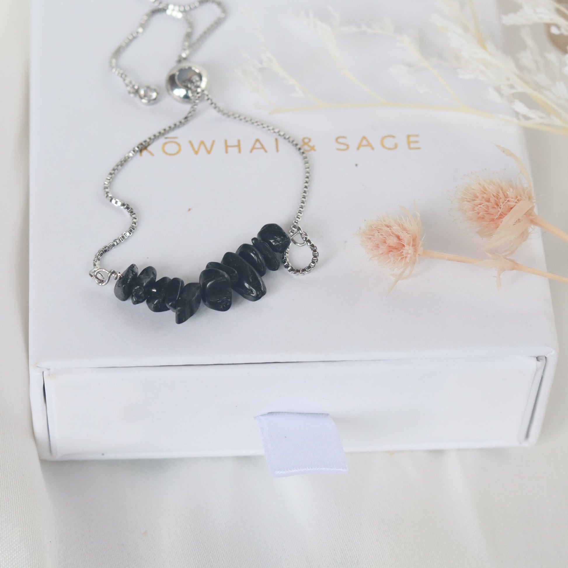 Black agate Adjustable Silver Bracelet - Kowhai and Sage